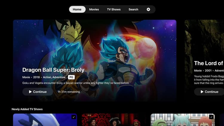 The home view of Genus, showing the main navigation and any media that you can continue watching.