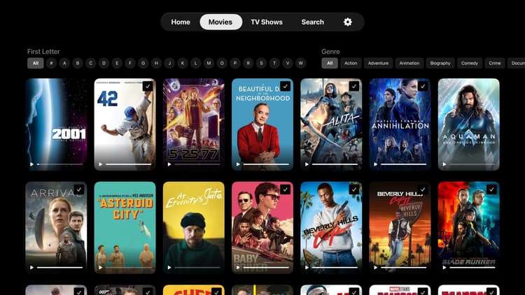 The movie library view of Genus, allowing the user to filter by first letter, genre or both.