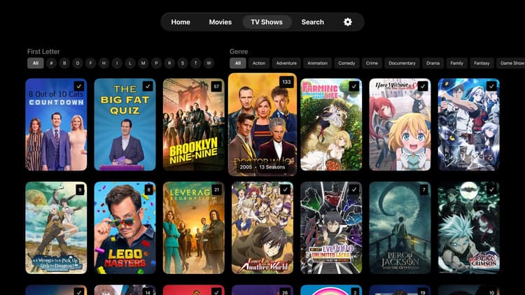 The tv series library view of Genus, allowing the user to filter by first letter, genre or both. Series show the year and seasons when highlighted.