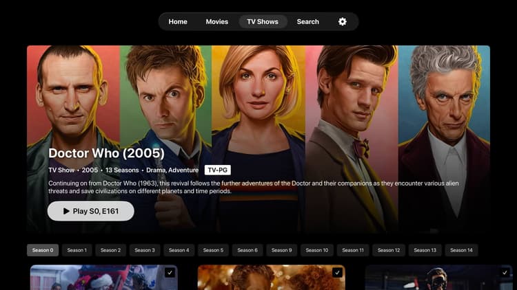 The series detail view showing seasons, episodes and other meta data.
