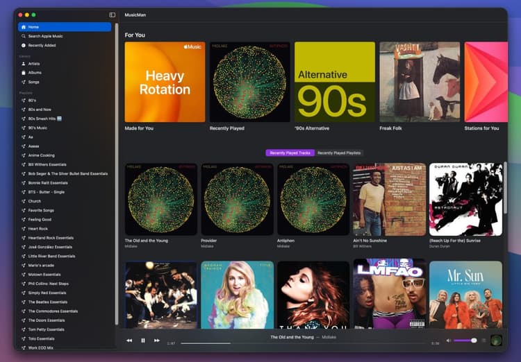 The Home View of JüK, my Apple Music Player replacement, featuring Recommendations from Apple, as well as your recently accessed content.